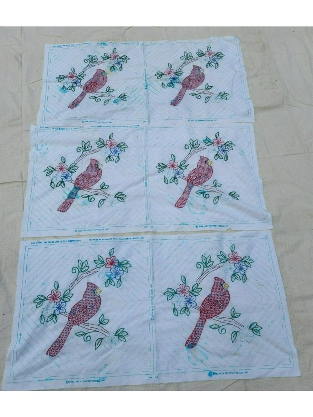 6 Needlework Red Bird Cardinal Quilt Squares, embroidered, 2016 Jack Dempsey